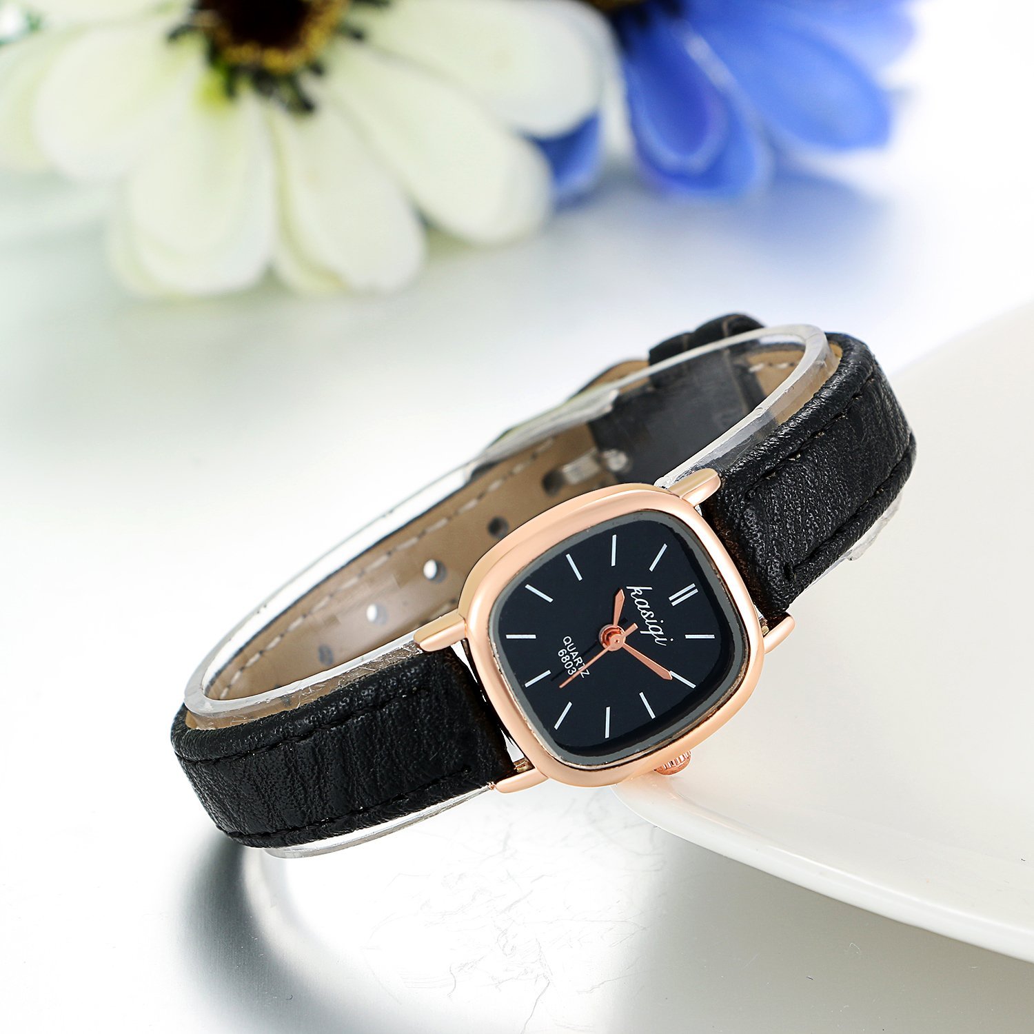 Женские часы Кожаный ремешок JewelryWe Квадратный циферблат Черный, фото №2