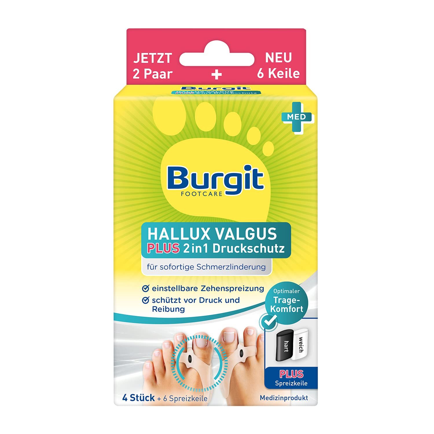 Защита от давления 2-в-1 Hallux Valgus Plus Burgit, 4 гелевые подушечки + 6 клиньев, фото №1