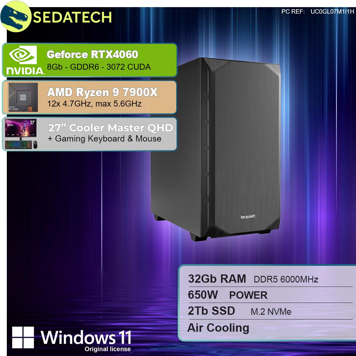 Пакет Silent Sedatech Gaming AMD Ryzen 9 7900X RTX4060 32GB DDR5 2TB SSD M.2 Windows 11 Монітор 27 Дюймів, фото №2