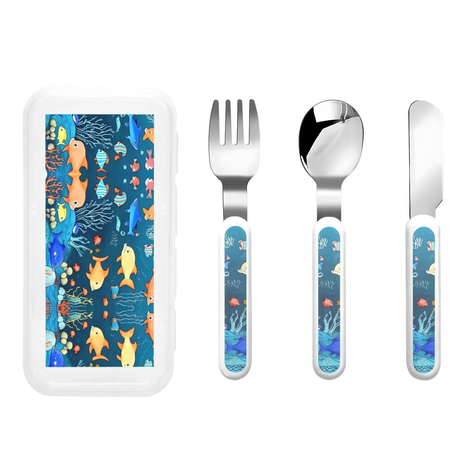 Набір дитячих столових приборів з трьох предметів із зображенням блакитного підводного світу риб, фото №1 Набір дитячих столових приборів з трьох предметів із зображенням блакитного підводного світу риб, фото №1