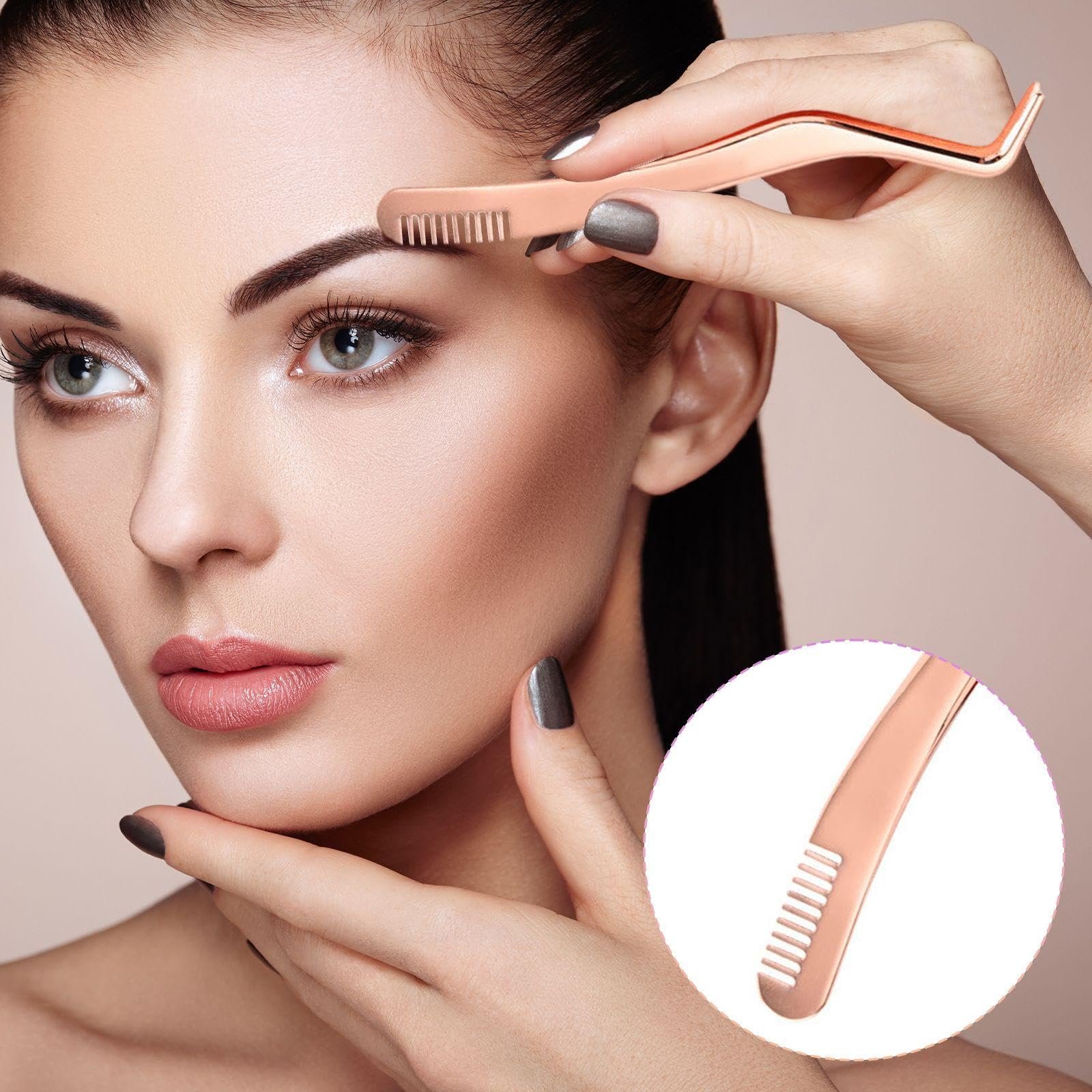 Пінцети для вій з гребінцем нержавіюча сталь 3 шт Rose Gold / Silver, фото №4