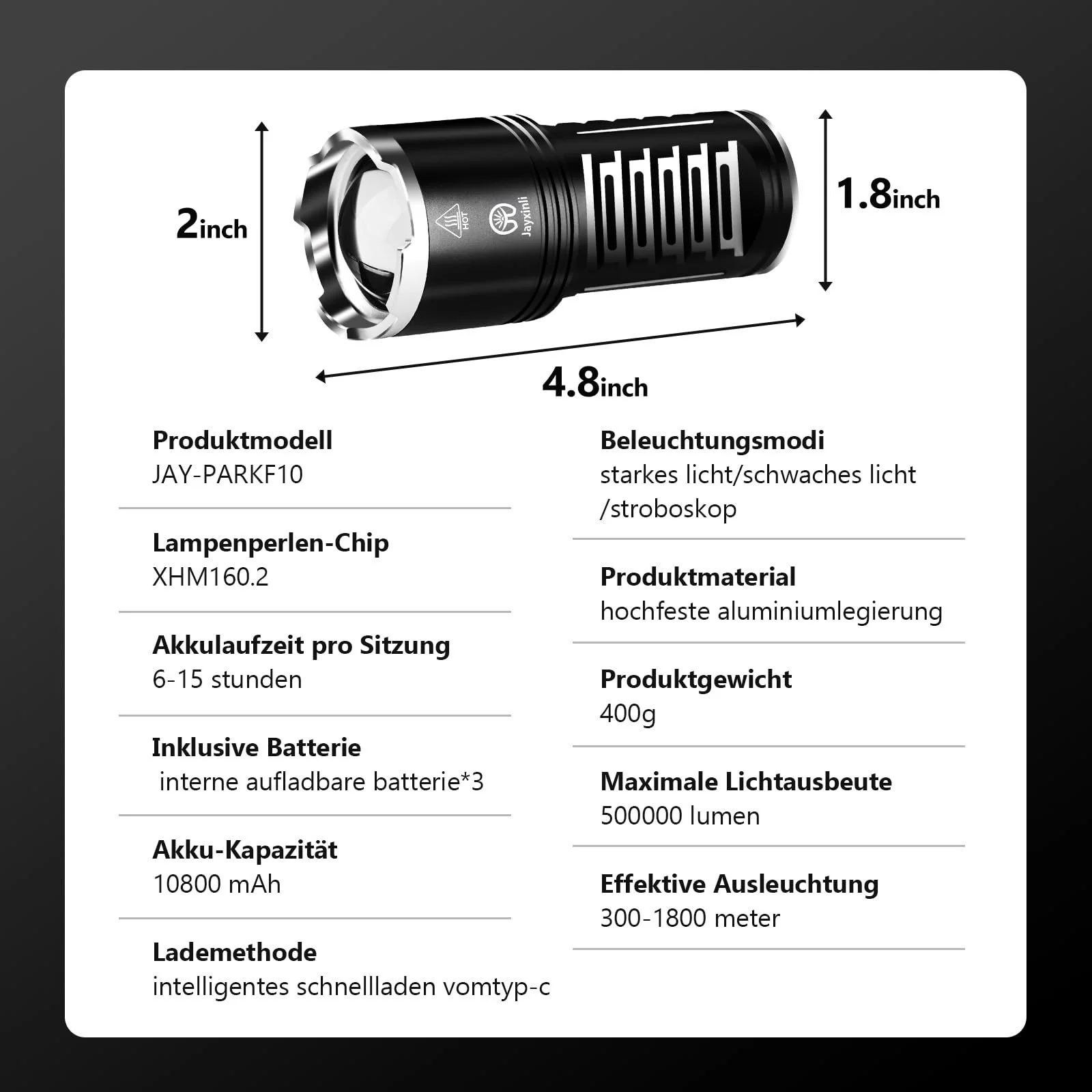 Ліхтар JAY-PARK LED Перезаряджуваний 500 000 Люмен з Акумулятором 10800 мАг та РК-індикатором Рівня Заряду Акумулятораого Туризму, фото №9