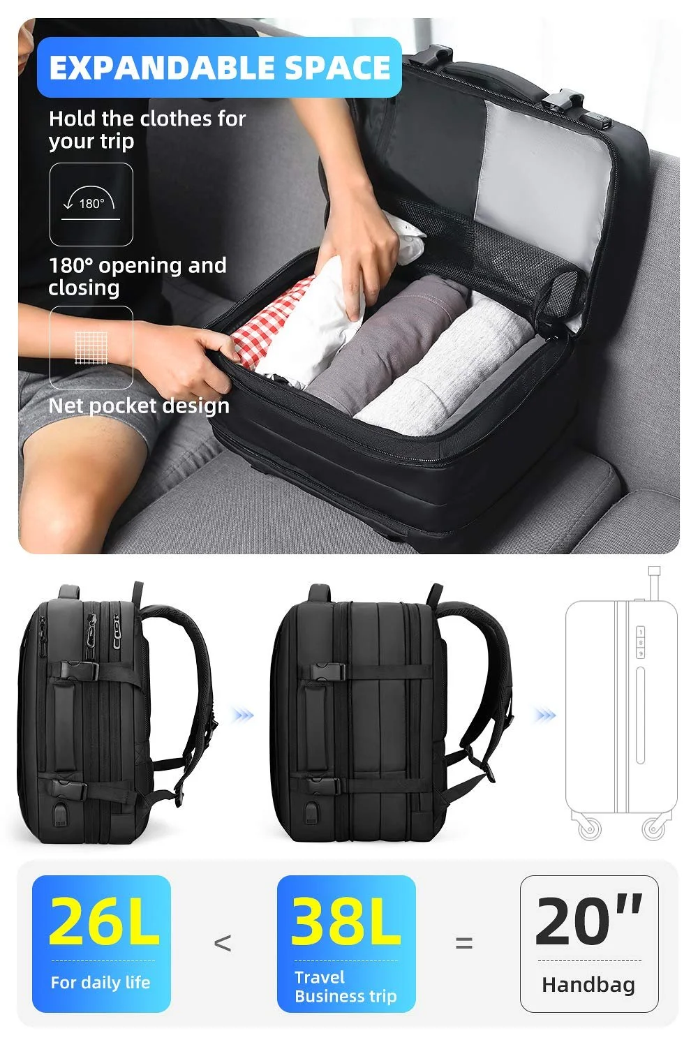 Рюкзак діловий Mark Ryden розширюваний 26л-38л 17" USB YKK 45 х 36 х 20 см чорний, фото №2 Рюкзак діловий Mark Ryden розширюваний 26л-38л 17" USB YKK 45 х 36 х 20 см чорний, фото №2