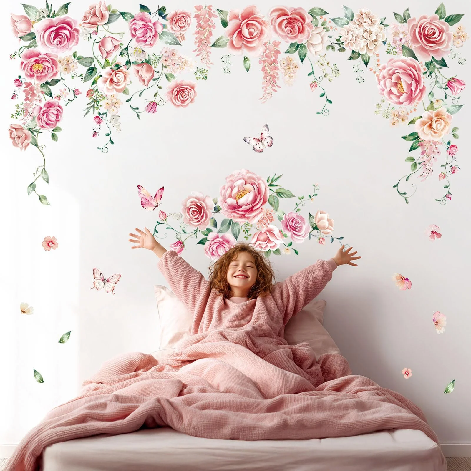 Наклейки на стіну DECOWALL SG3-2428 Трояндові лози з метеликами Квіткові Рожеві, фото №2