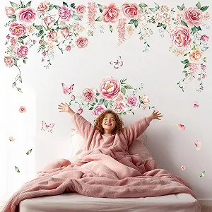 Наклейки на стіну DECOWALL SG3-2428 Трояндові лози з метеликами Квіткові Рожеві synthetic.ua - Фото 1