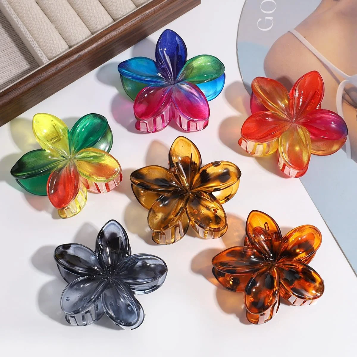 Заколка краб для волос Leopard Plumeria Цветок Серый + Коричневый, 2 шт, фото №5