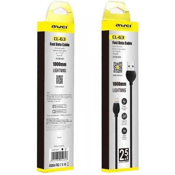 Кабель usb awei cl-63 lightning черный, фото №1