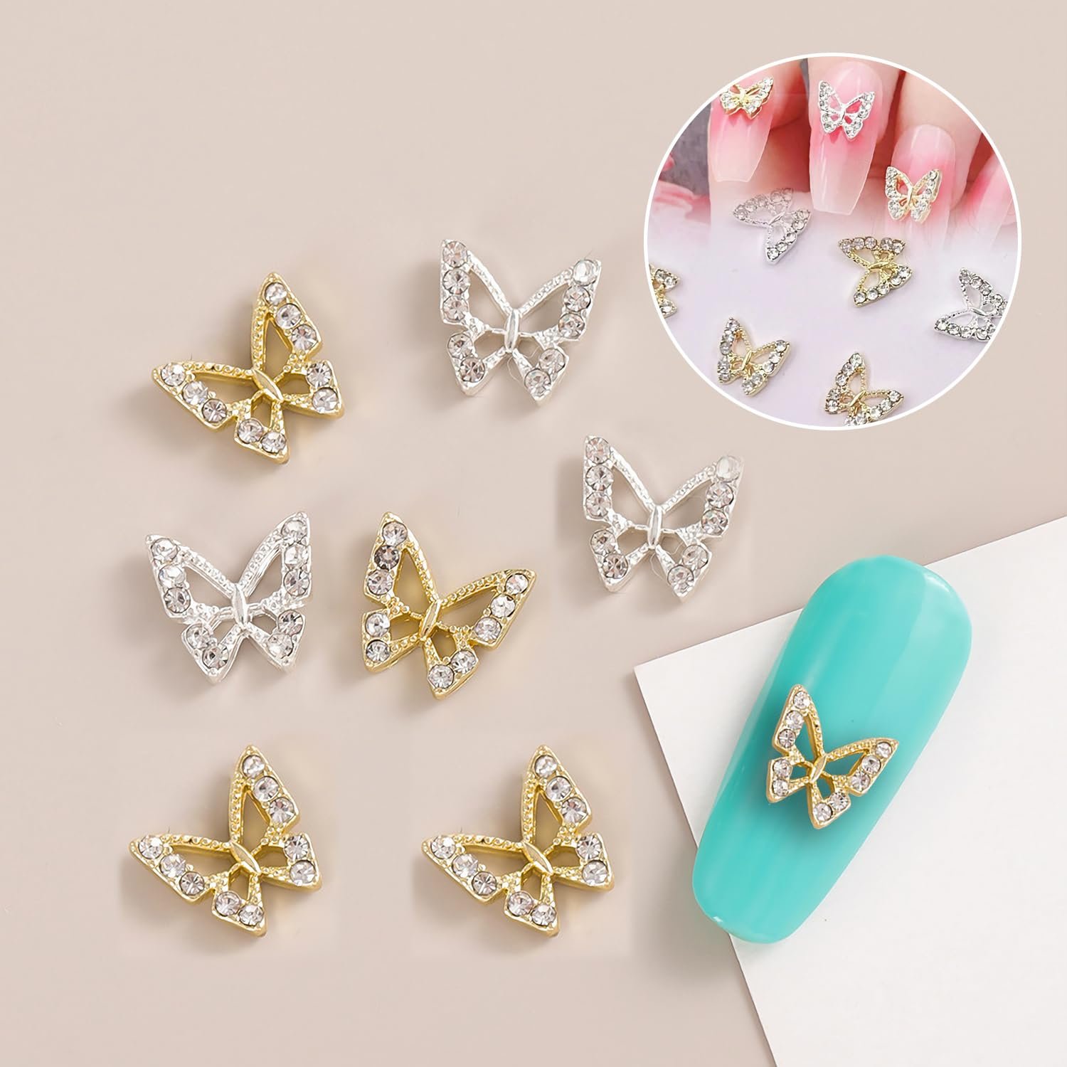 Подвески для ногтей в виде бабочек (40 шт.) Блестки Металл Золото, Серебро, фото №6