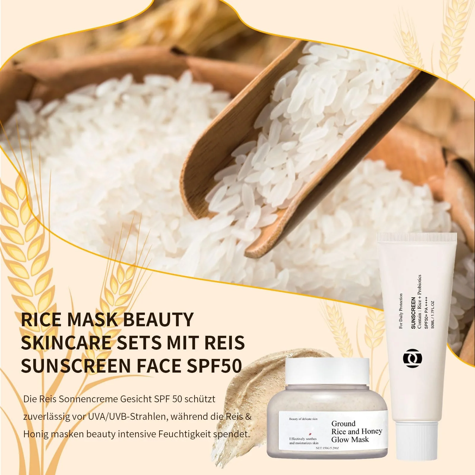 Сонцезахисний крем Reis Sunscreen SPF 50 та Рисова маска, Набір для догляду за шкірою з зволожуючою маскою, фото №2