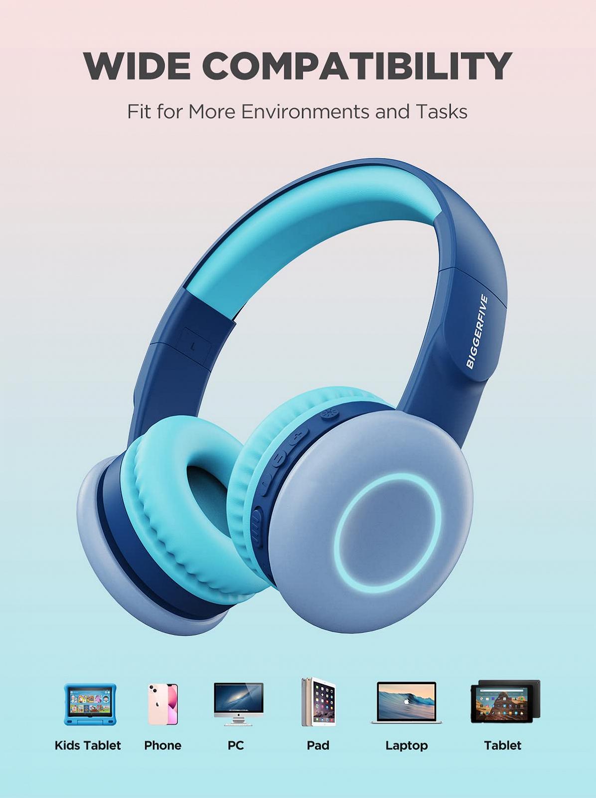 Bluetooth навушники BIGGERFIVE Дитячі з кольоровими LED-вогнями 85/94 дБ 50 годин безпровідні та провідні з мікрофоном для школи, планшета, фото №6