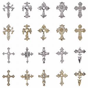 Подвески для ногтей Кресты, Набор 80 шт. Золотые Серебряные Металлические Крестики для Ногтей, Гвоздики из сплава и Стразы для Дизайна Маникюра DIY Изделий (D Золотой Серебряный) - Фото 1