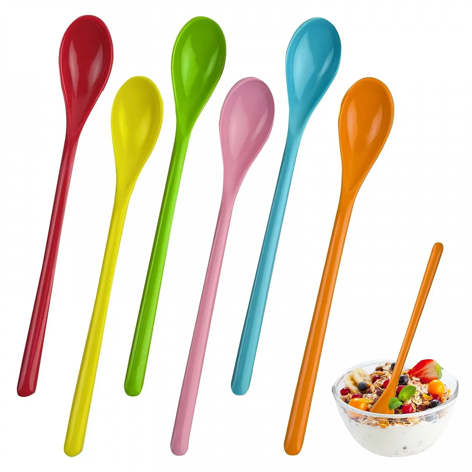 Ложки Пластикові Довгі Набір 6 штук 19 см Різнокольорові, фото №1