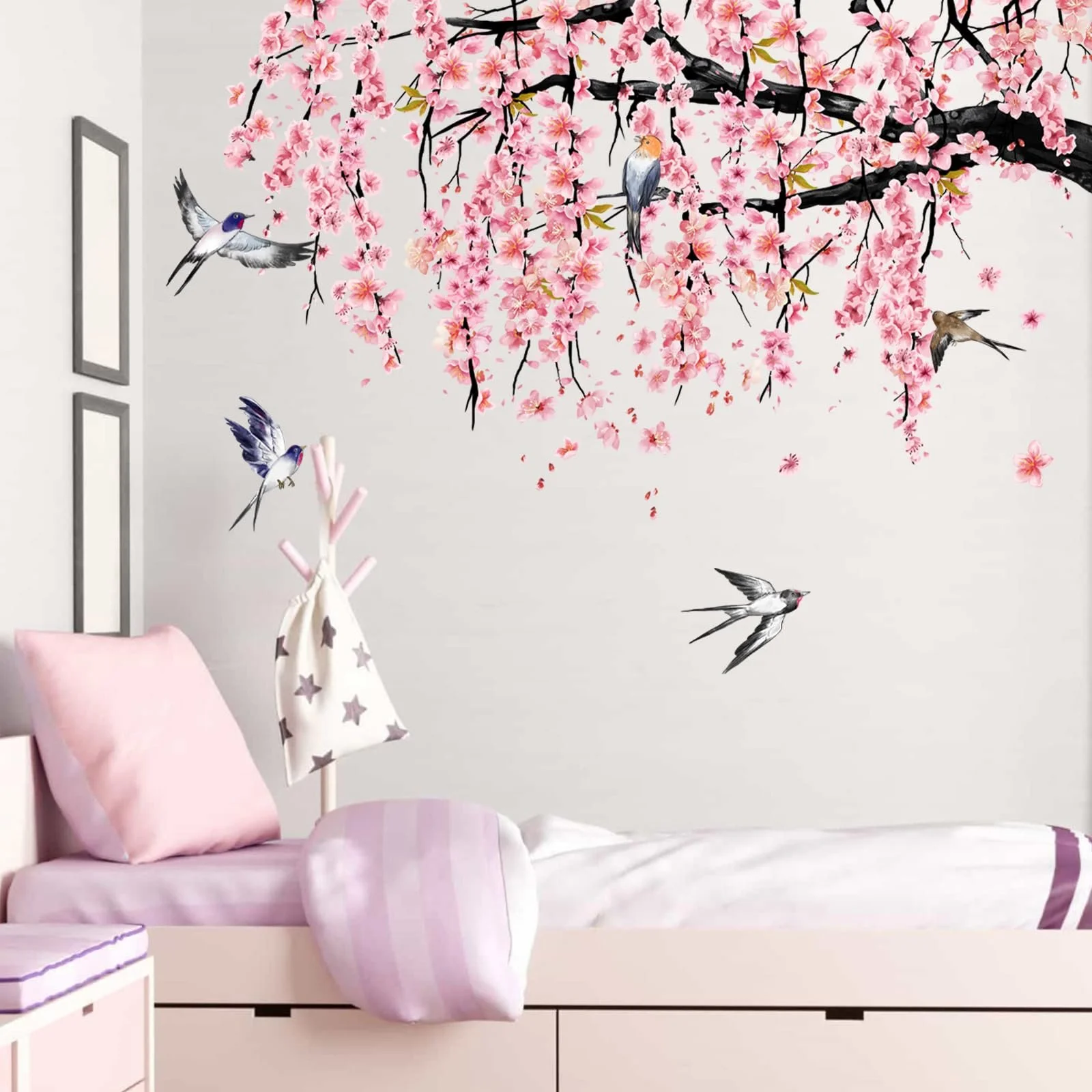 Наклейка на стіну Watercolour Cherry Blossom Birds Pink Tree Branch велика Рожевий, фото №3