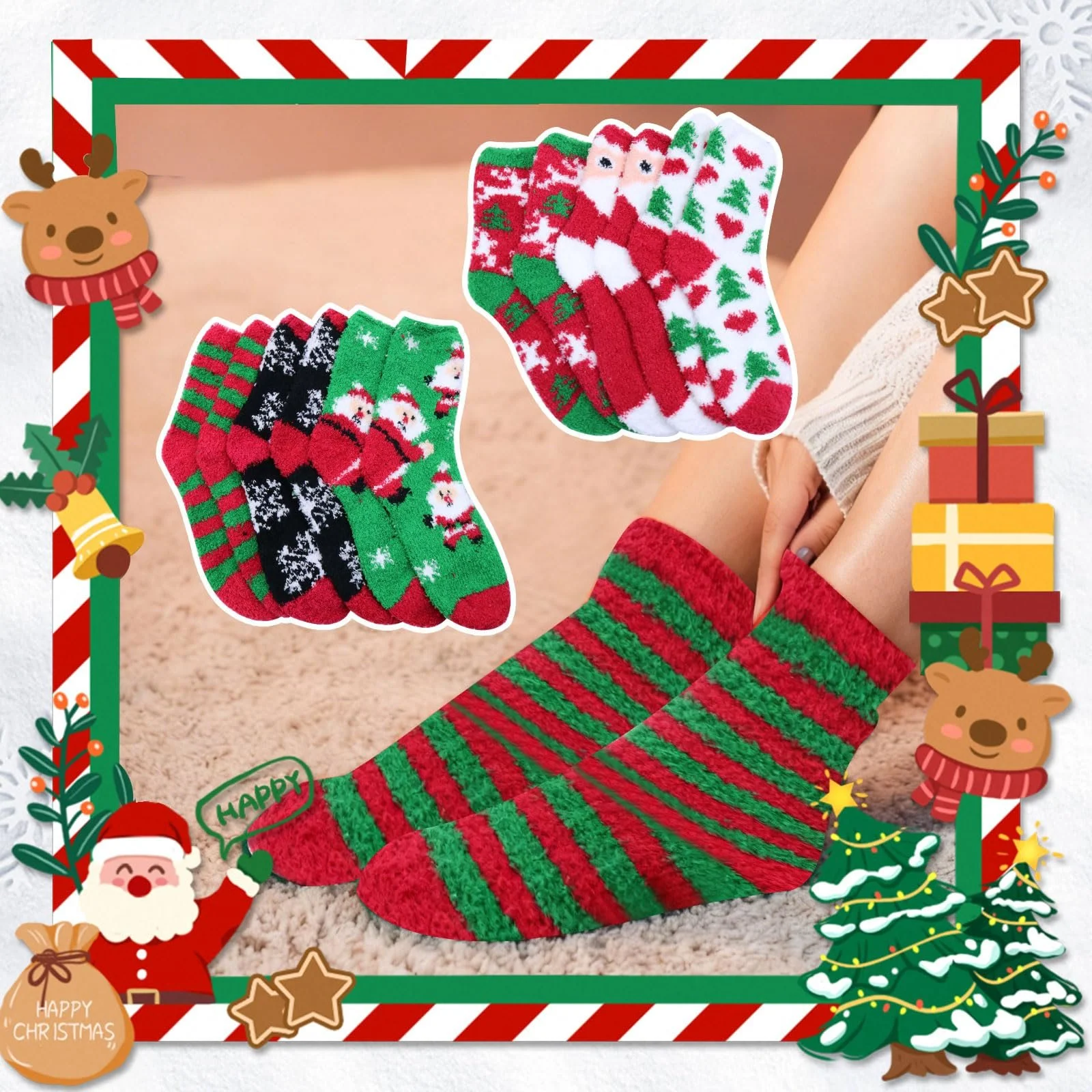 Рождественские носки Пушистые 6 пар Мягкие и удобные Рождественские чулки Теплый подарок для женщин и девочек, фото №6