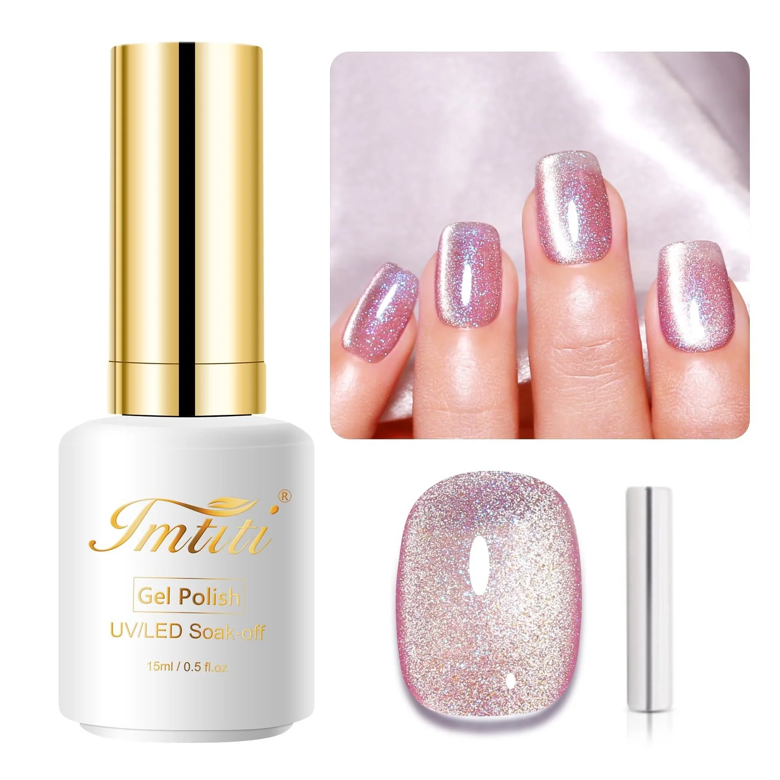 Гель-лак для ногтей Кошачий глаз Imtiti Aurora Rose, 15 мл, Galaxy Rose, голографический глиттер, магнитный, УФ, закаленное стекло, с магнитом, фото №6