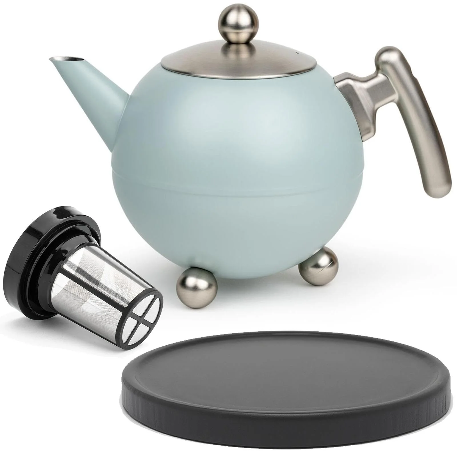 Чайник-заварник Bredemeijer Ball 1.2 л, великий, світло-блакитний, з нержавіючої сталі, з подвійними стінками, з фільтром-ситом та чорною дерев'яною підставкою, фото №1