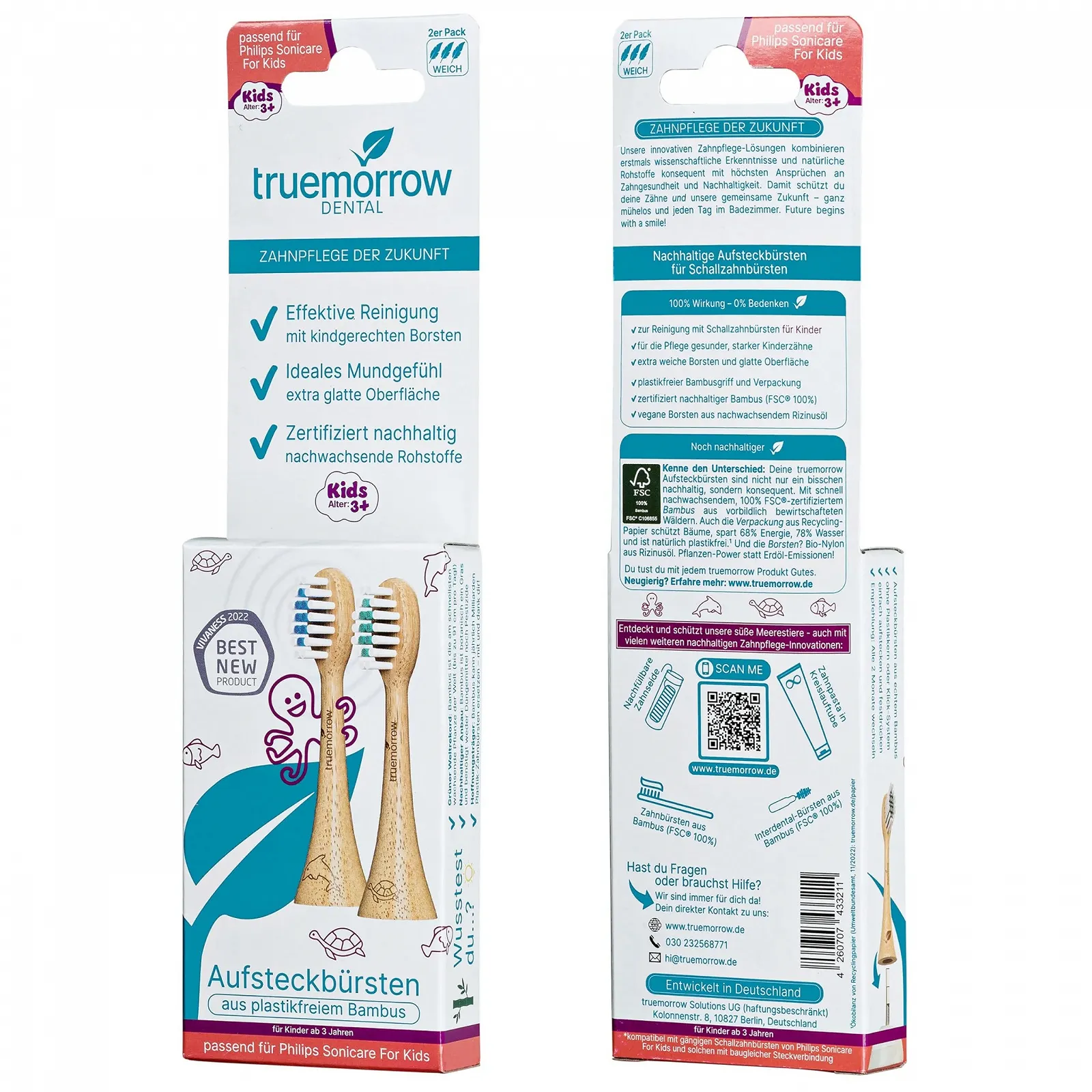 Сменные бамбуковые насадки для зубной щетки truemorrow для Philips Sonicare Kids 2 шт. Мягкие, фото №5