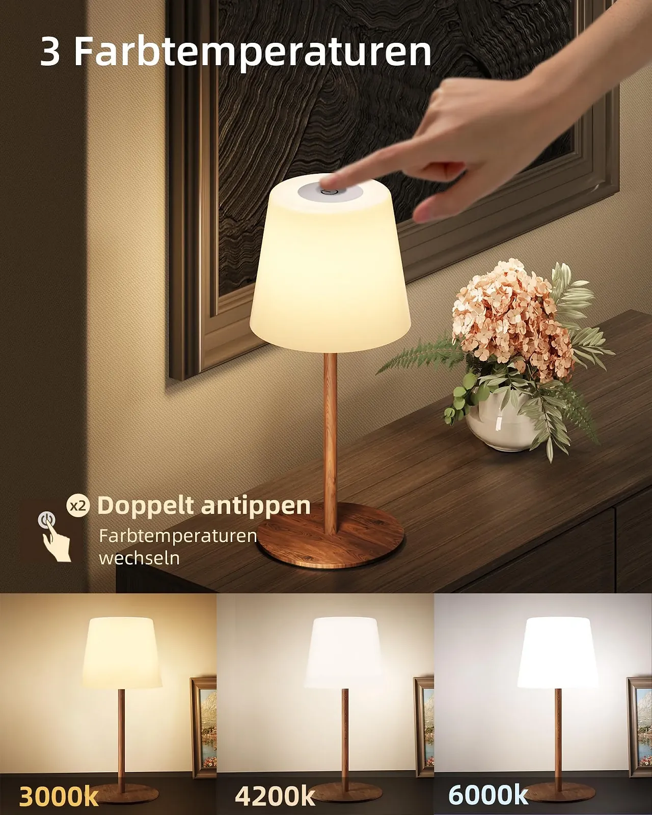 Настільні лампи EZVALO комплект 2 шт. світлодіодні бездротові IP65 USB-C Колір дерева, фото №6