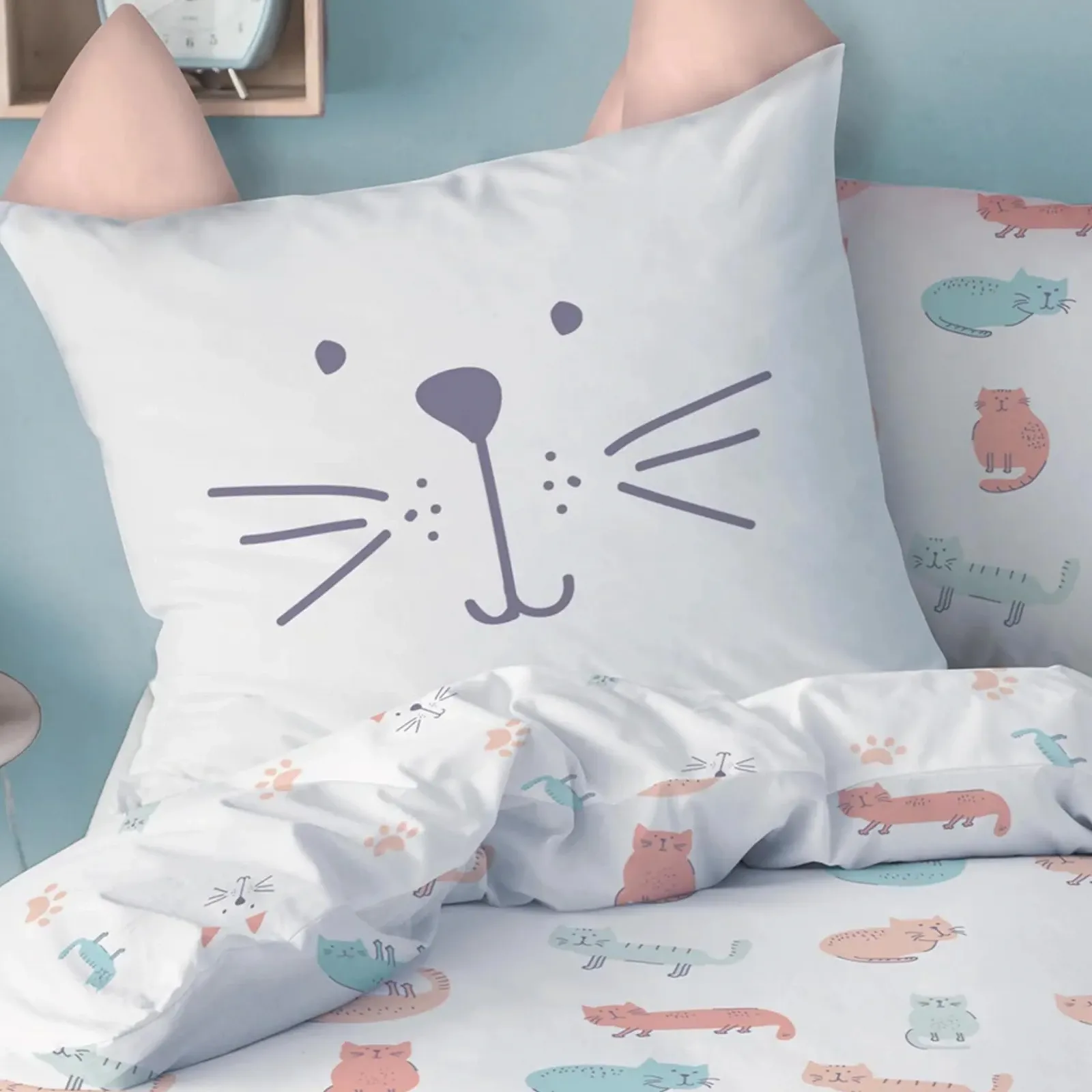 Комплект детского постельного белья MTOnlinehandel 135 x 200 см + 80 x 80 см, 100% хлопок, принт Cute Cat Meau, на молнии Кот, фото №4