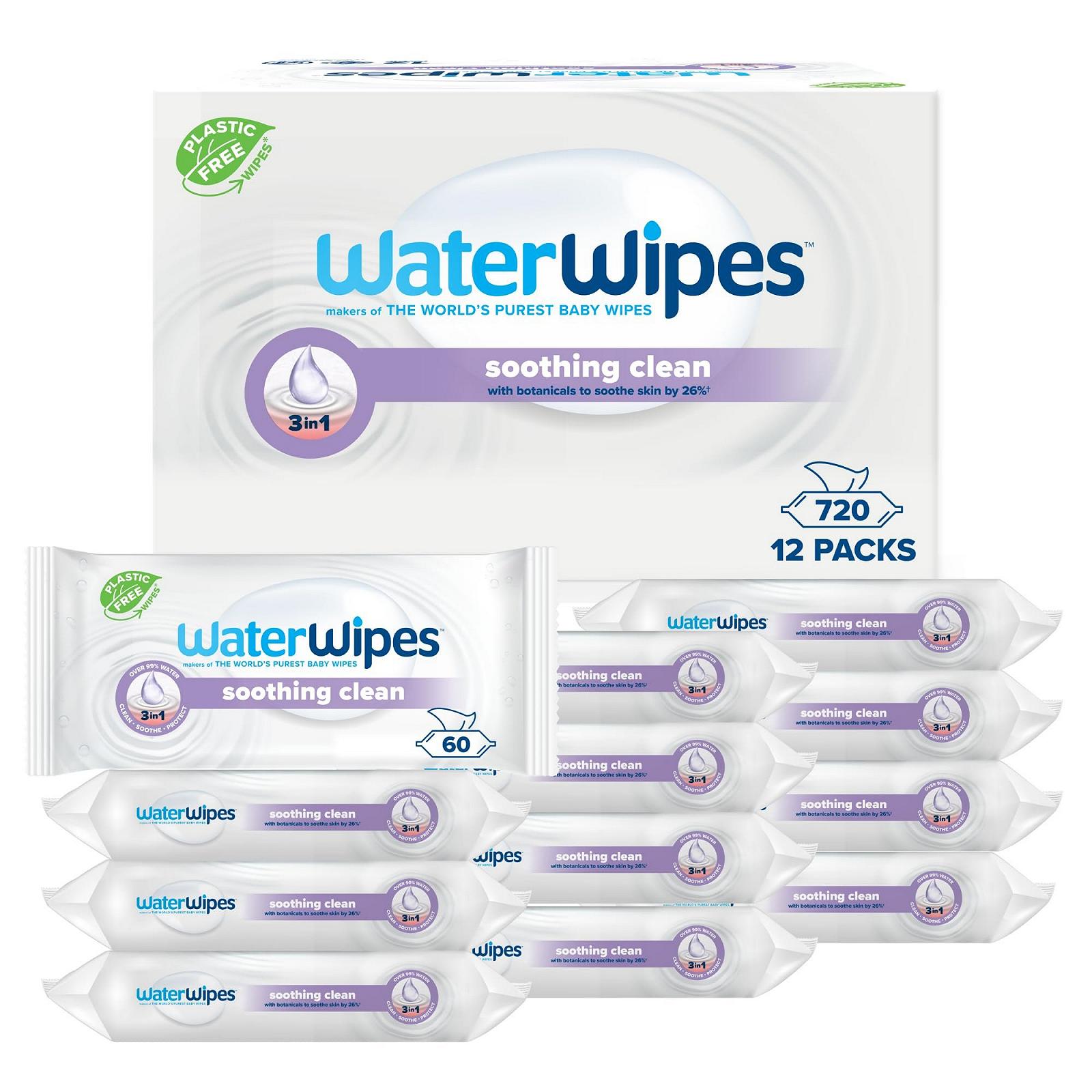 Дитячі очищуючі серветки WaterWipes Relieving, 720 штук (12 упаковок), з 99% вмістом води та рослинними екстрактами, вологі серветки для обличчя та тіла, фото №1