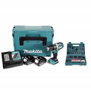 Акумуляторний ударний дриль Шуруповерт Makita DHP 484 RTJ 18V Li-Ion безщітковий з батареєю в Макпак, включає 2x 5.0Ah батареї та зарядний пристрій + набір свердел і насадок 100 шт. - Фото 1