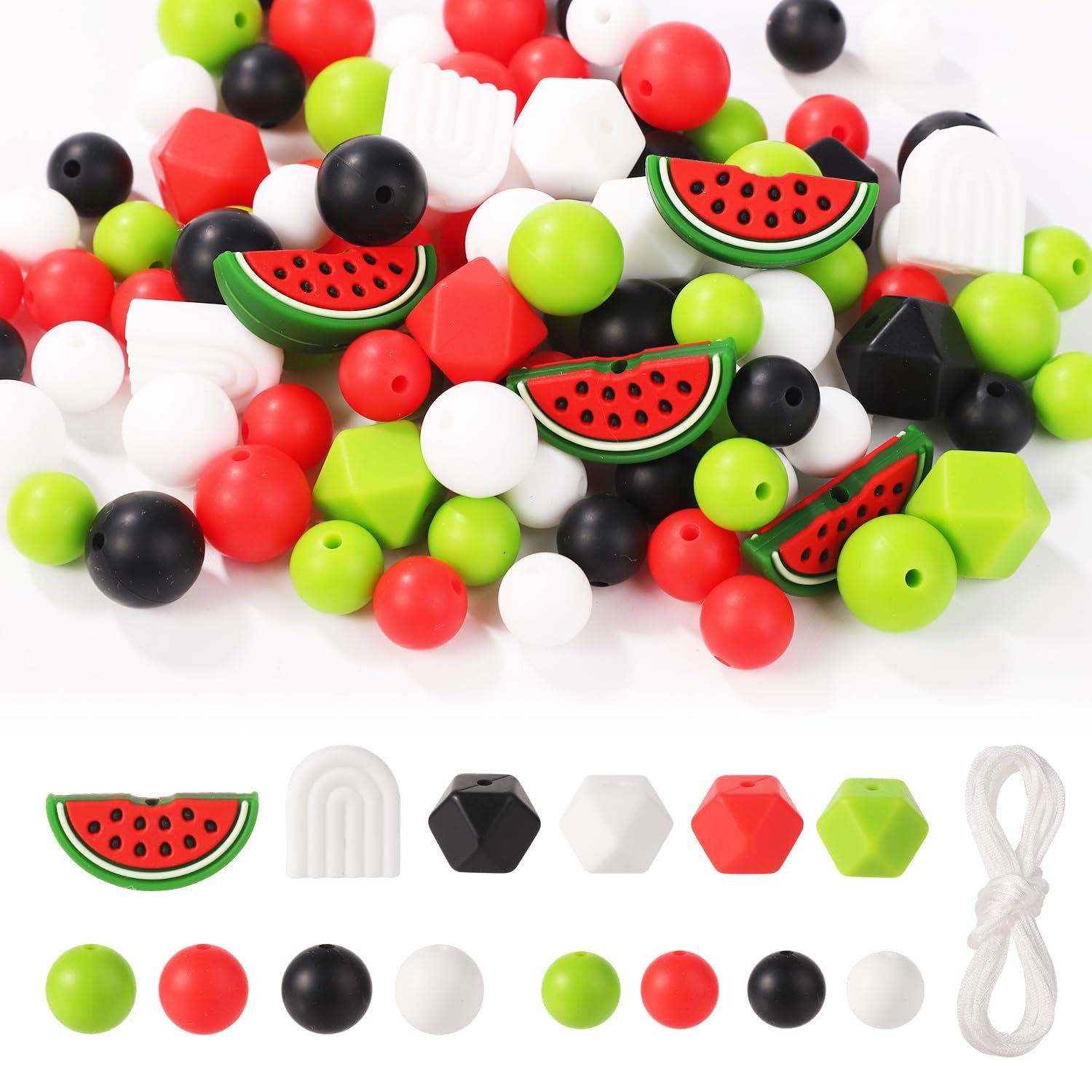 Силиконовые бусины Арбуз, набор 100 штук, летние разноцветные силиконовые бусины, шестигранные круглые бусины с нейлоновой веревкой для DIY поделок, брелоков, браслетов, ожерелий, фото №1