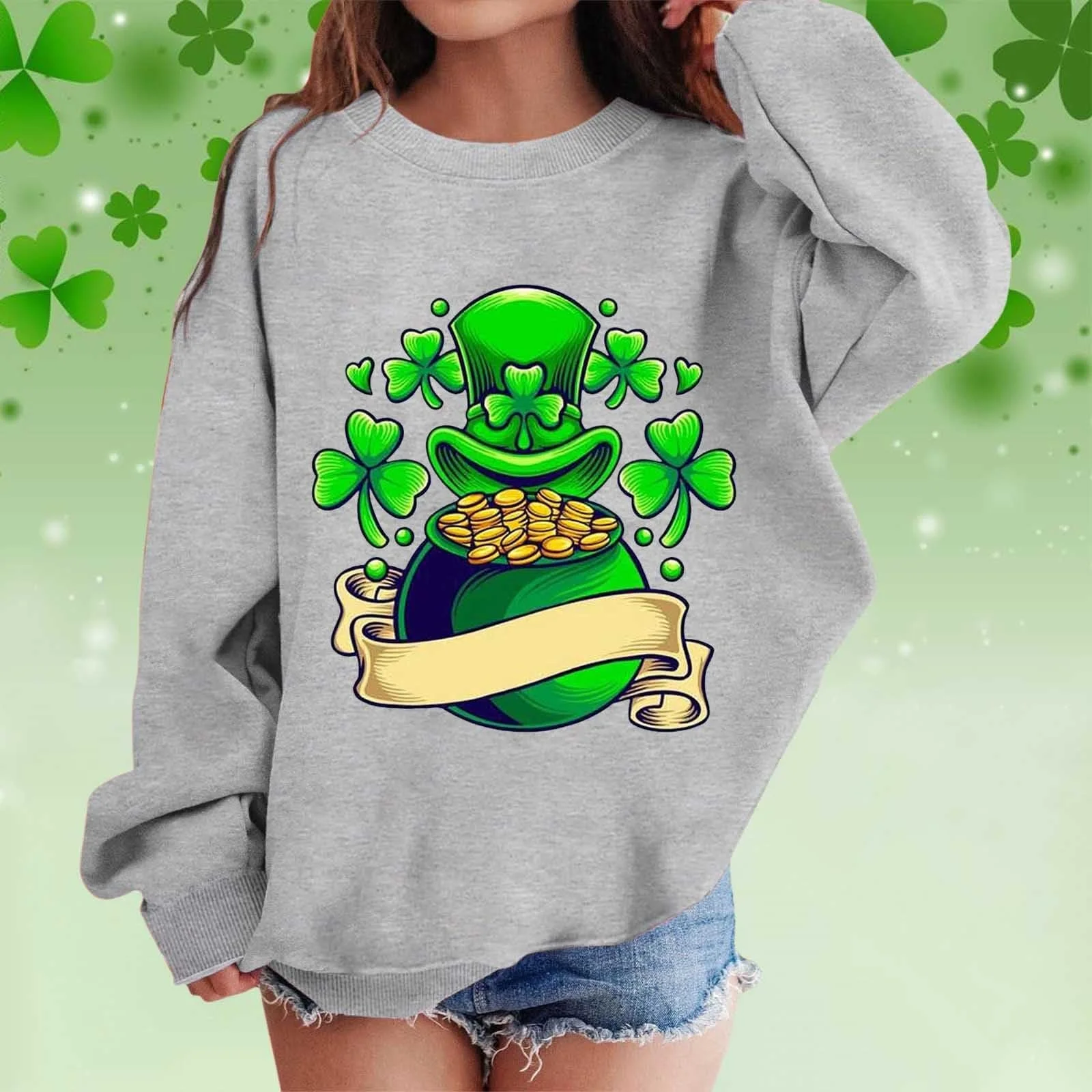 Пуловер для дівчат з графічним принтом на День Святого Патрика, круглий виріз, довгий рукав, фото №3