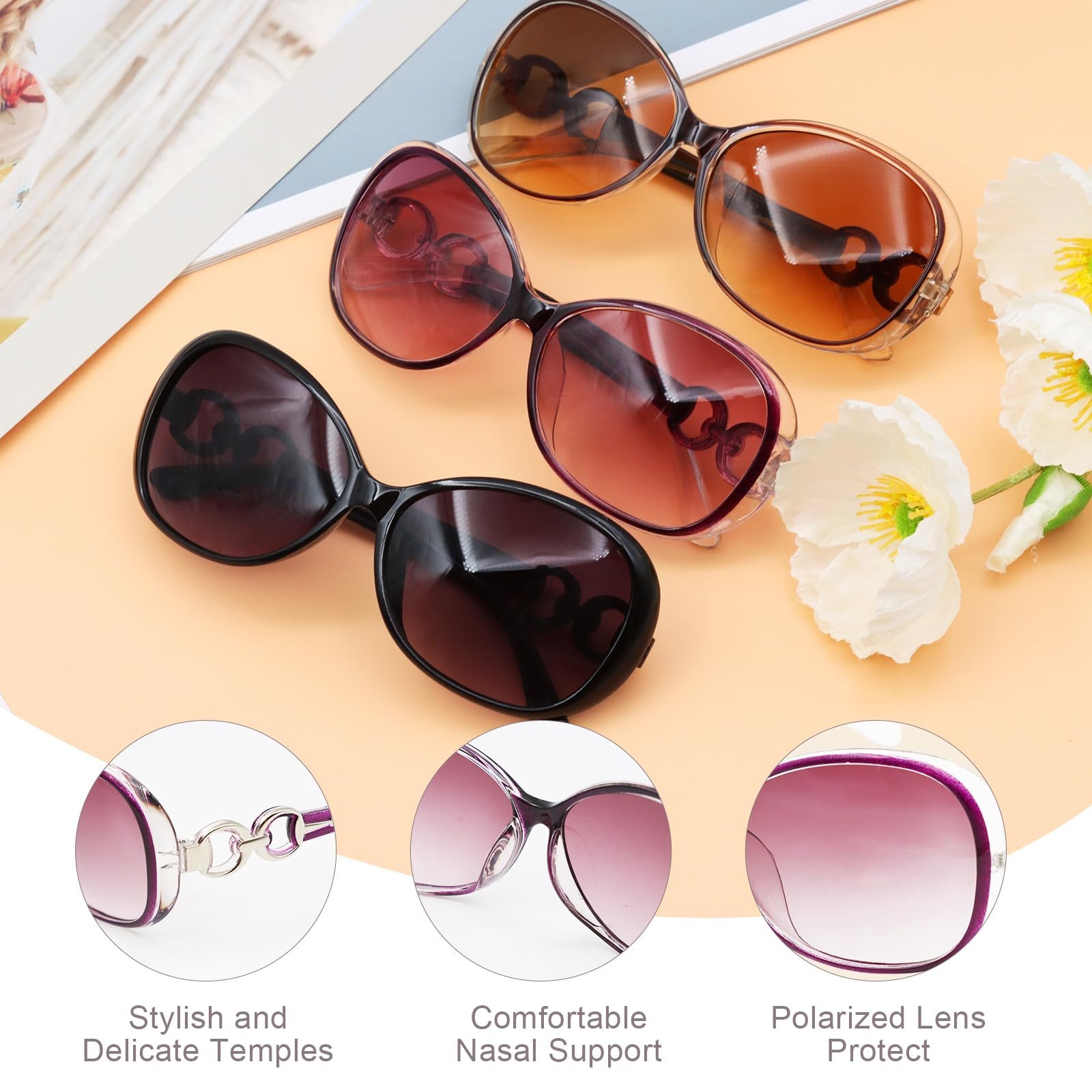 Солнцезащитные очки ZYKORT, 3 шт., Ретро, Большие, Женские, Поляризованные, фото №4 Солнцезащитные очки ZYKORT, 3 шт., Ретро, Большие, Женские, Поляризованные, фото №4