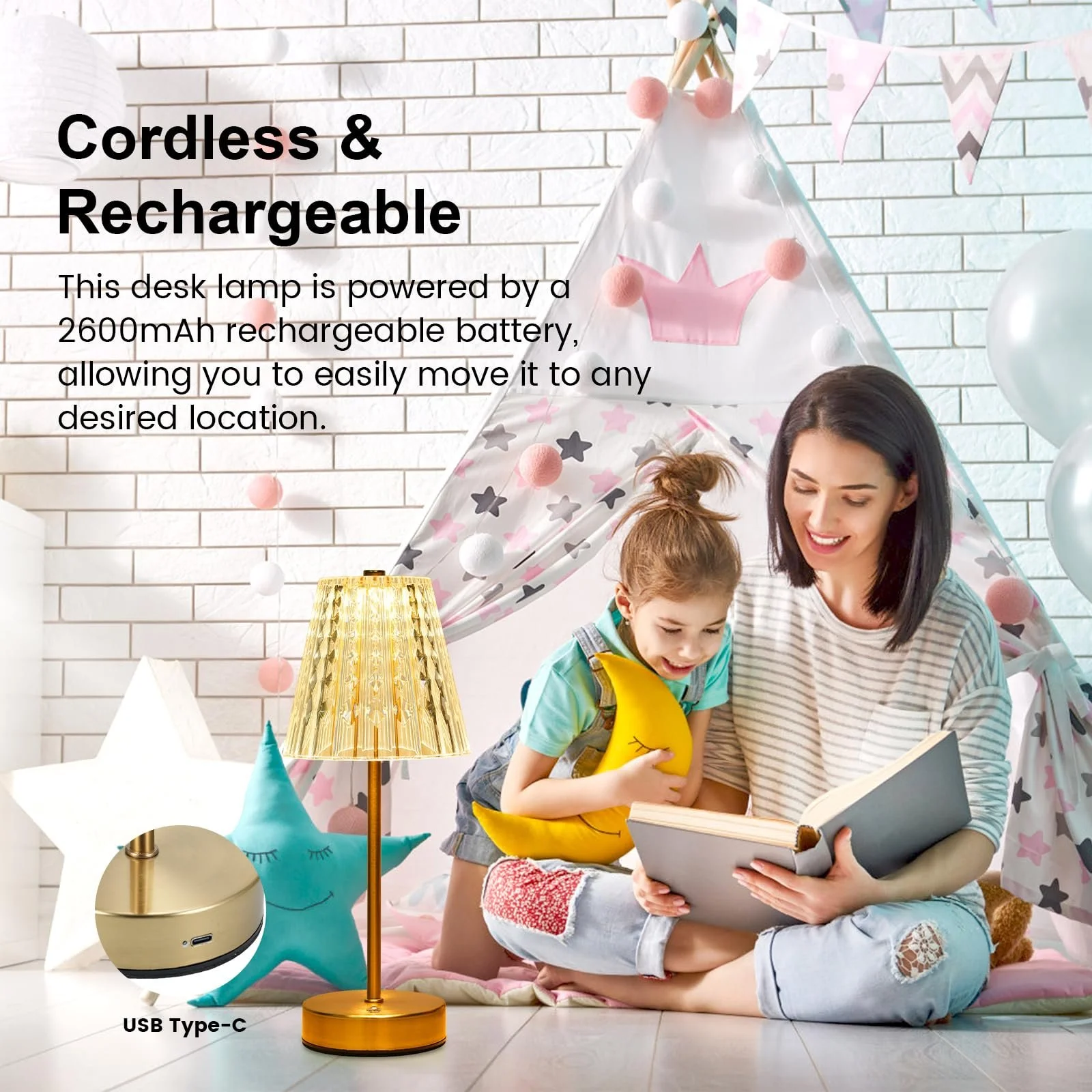 Настільна лампа Lixada Crystal Бездротова Вінтажна 3 кольори LED Сенсорна Акумуляторна Золота, фото №7