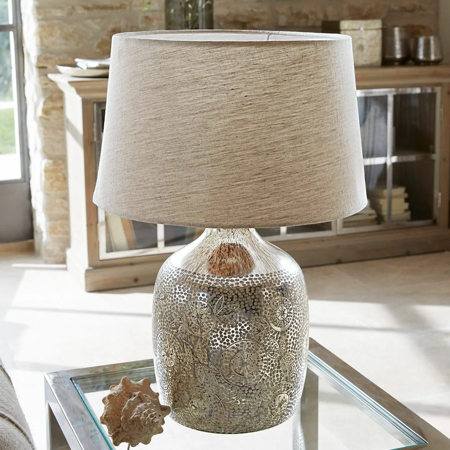 Настільна лампа LOBERON Leonarda Скляна основа Льон Античне срібло/Кремовий, фото №4