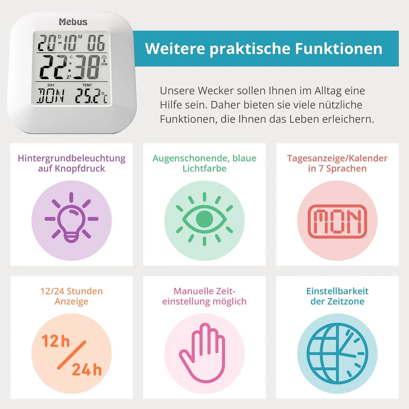 Будильник радіокерований Mebus 51511 білий, фото №3