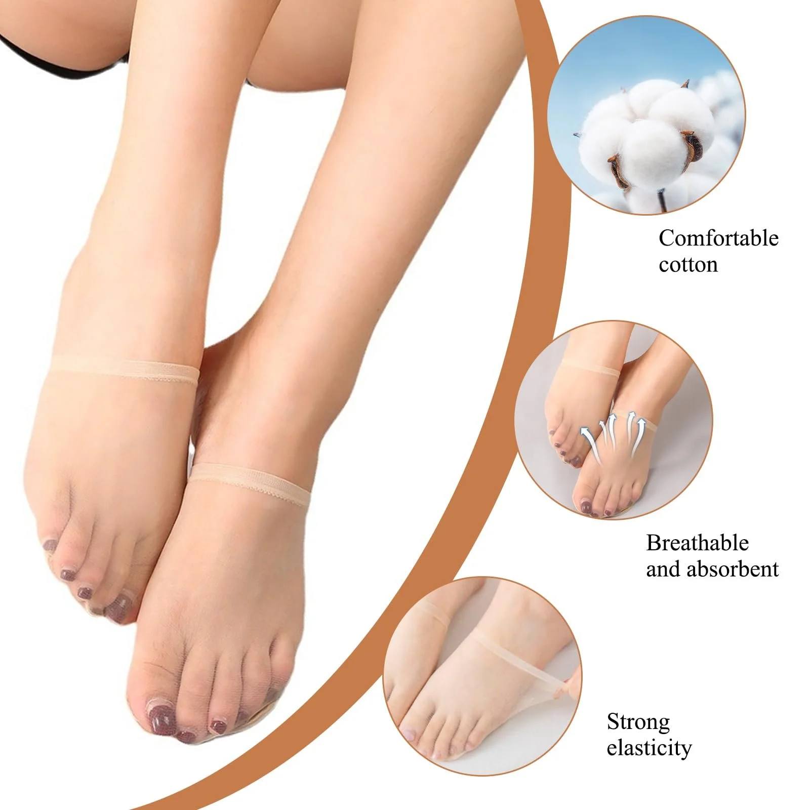 Носки для пальцев женские 15 пар Нейлоновые носки до щиколотки Тонкие невидимые носки для передней части стопы с нескользящими силиконовыми пупырышками кремового цвета, фото №5