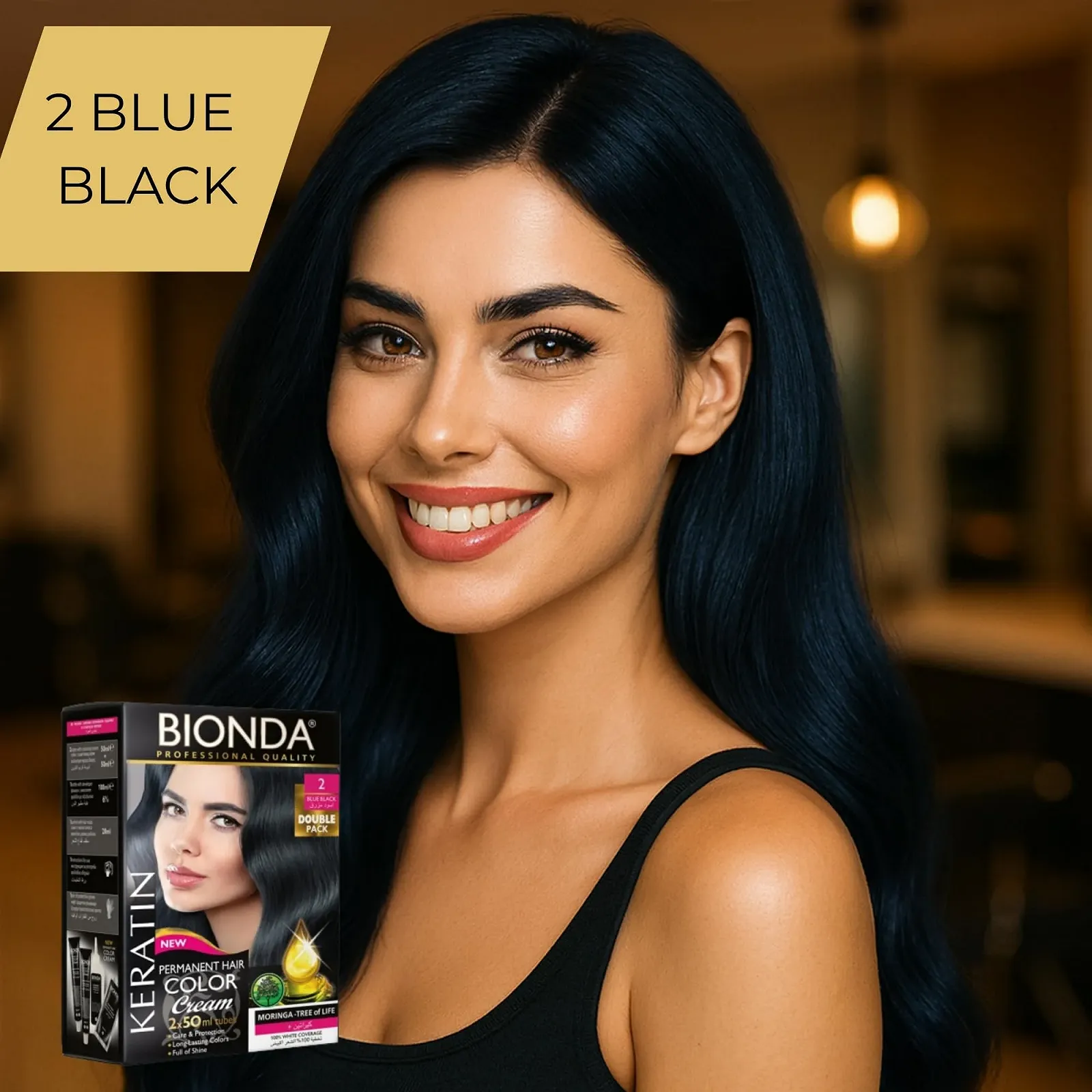 Крем-фарба для волосся Bionda Professional Permanent, 200 мл, подвійна упаковка, догляд з кератином і морингою, стійкий колір і блиск, 100% покриття сивини, 2 Синьо-чорний, 200 мл, фото №2