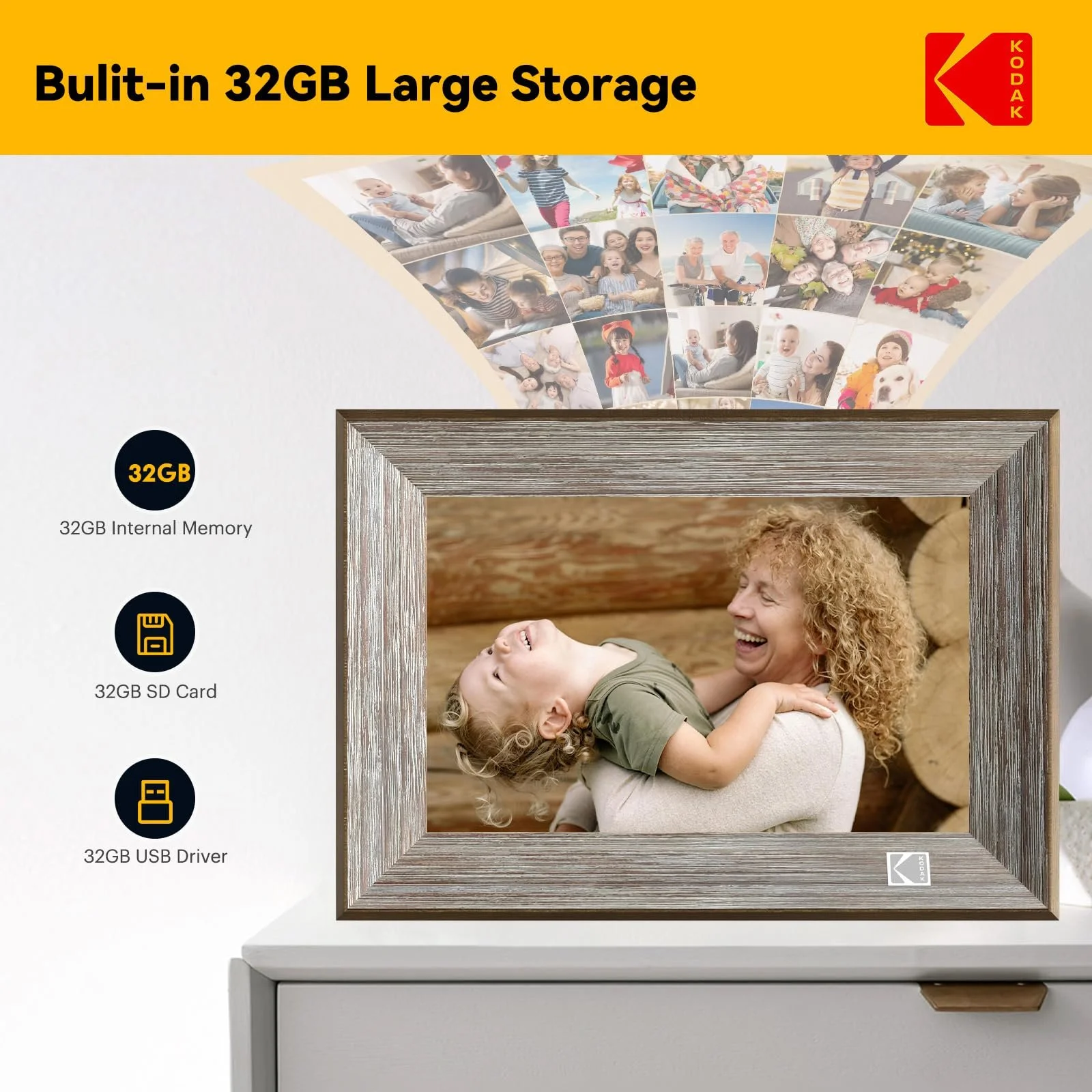 Цифровая фоторамка Kodak WLAN 10.1 дюйма HD IPS Touch Screen 32 GB Автоматический поворот Деревянная, фото №3