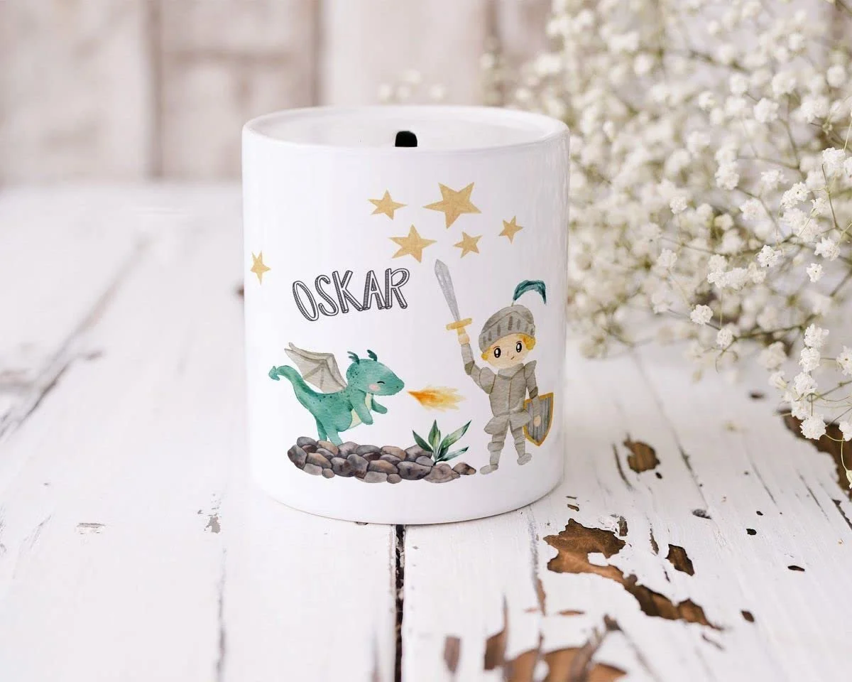 Скарбничка Mikalino Маленький лицар і дракон керамічна з ім'ям на вибір, фото №4