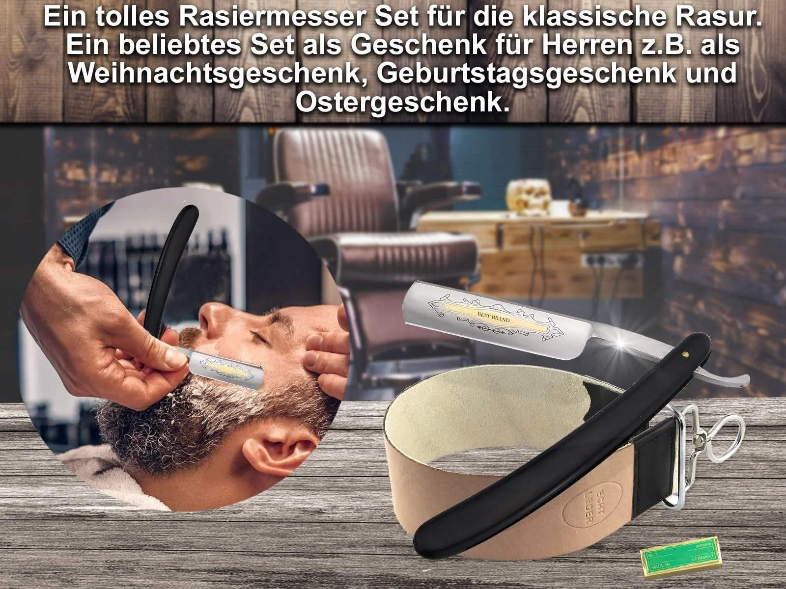 Набір для гоління InstrumenteNrw Men's Solingen з ременем для правки та пастою, чорна ручка, фото №5