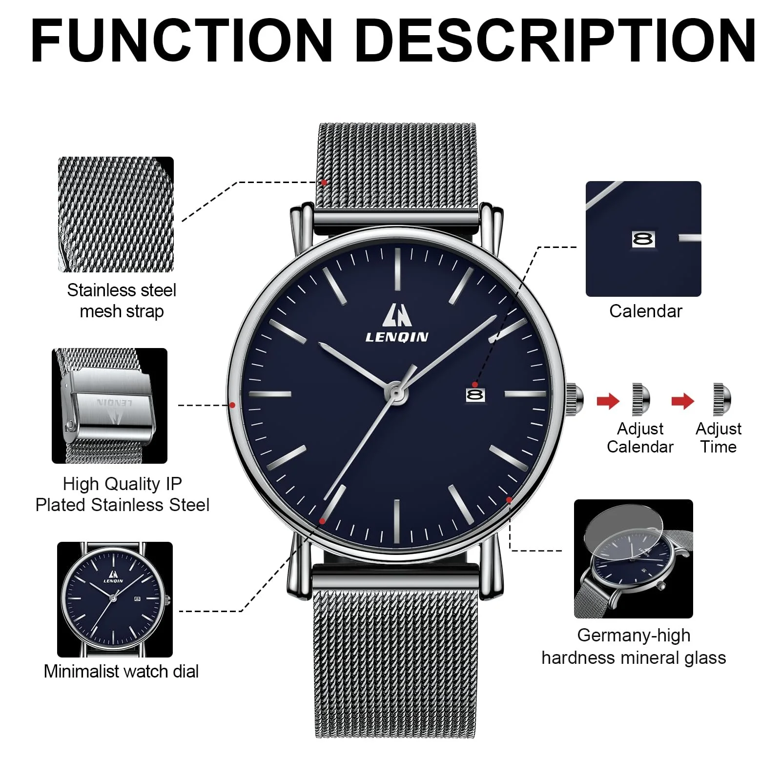 Часы LN LENQIN Мужские из нержавеющей стали 30M Водонепроницаемые Аналоговые Кварцевые Серебряные Синие Классические, фото №7 Часы LN LENQIN Мужские из нержавеющей стали 30M Водонепроницаемые Аналоговые Кварцевые Серебряные Синие Классические, фото №7