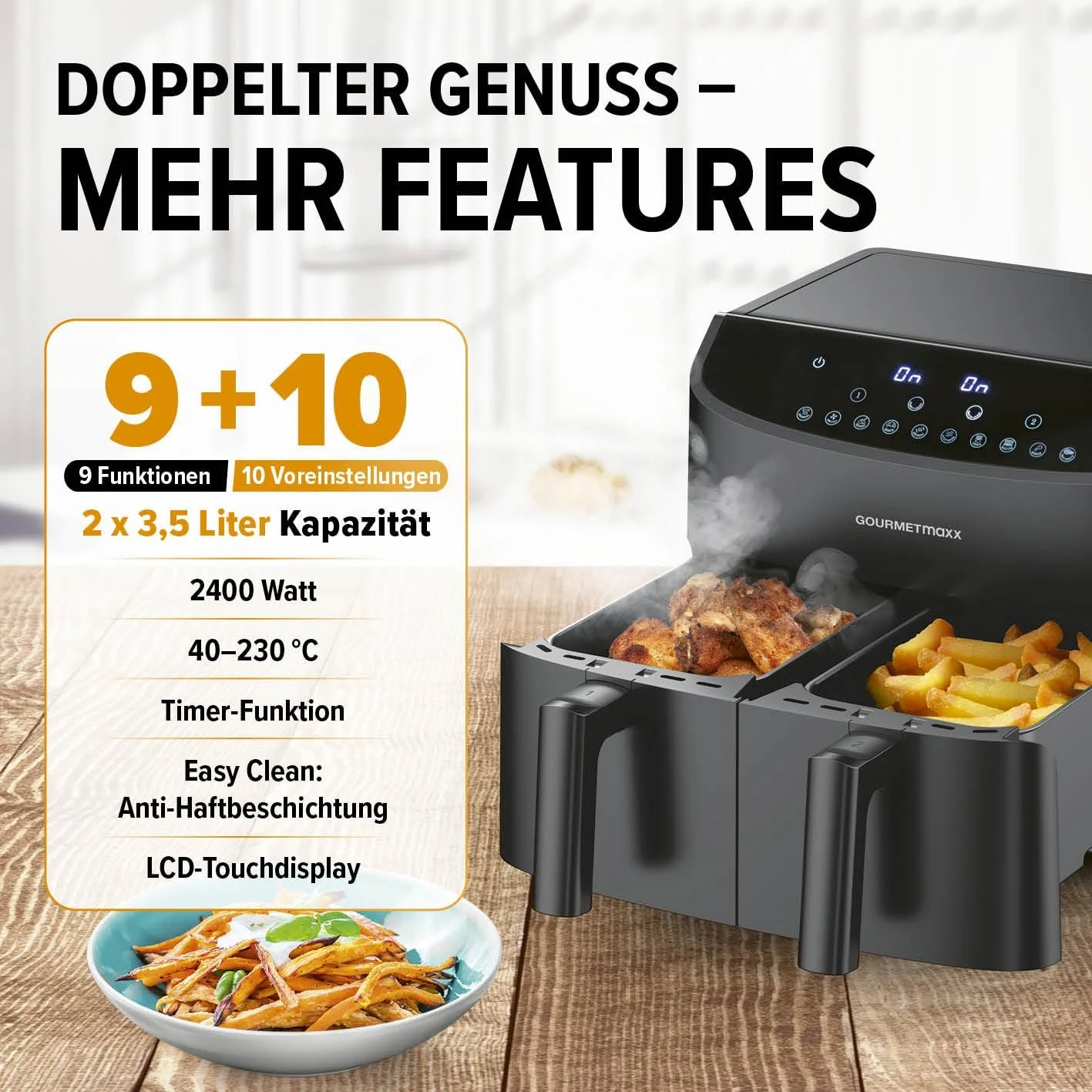 Мультипечь Gourmetmaxx Double Chamber Hot Air Fryer 2 x 3.5 л 2400 Вт 10 программ Чорний, фото №2 Мультипечь Gourmetmaxx Double Chamber Hot Air Fryer 2 x 3.5 л 2400 Вт 10 программ Чорний, фото №2