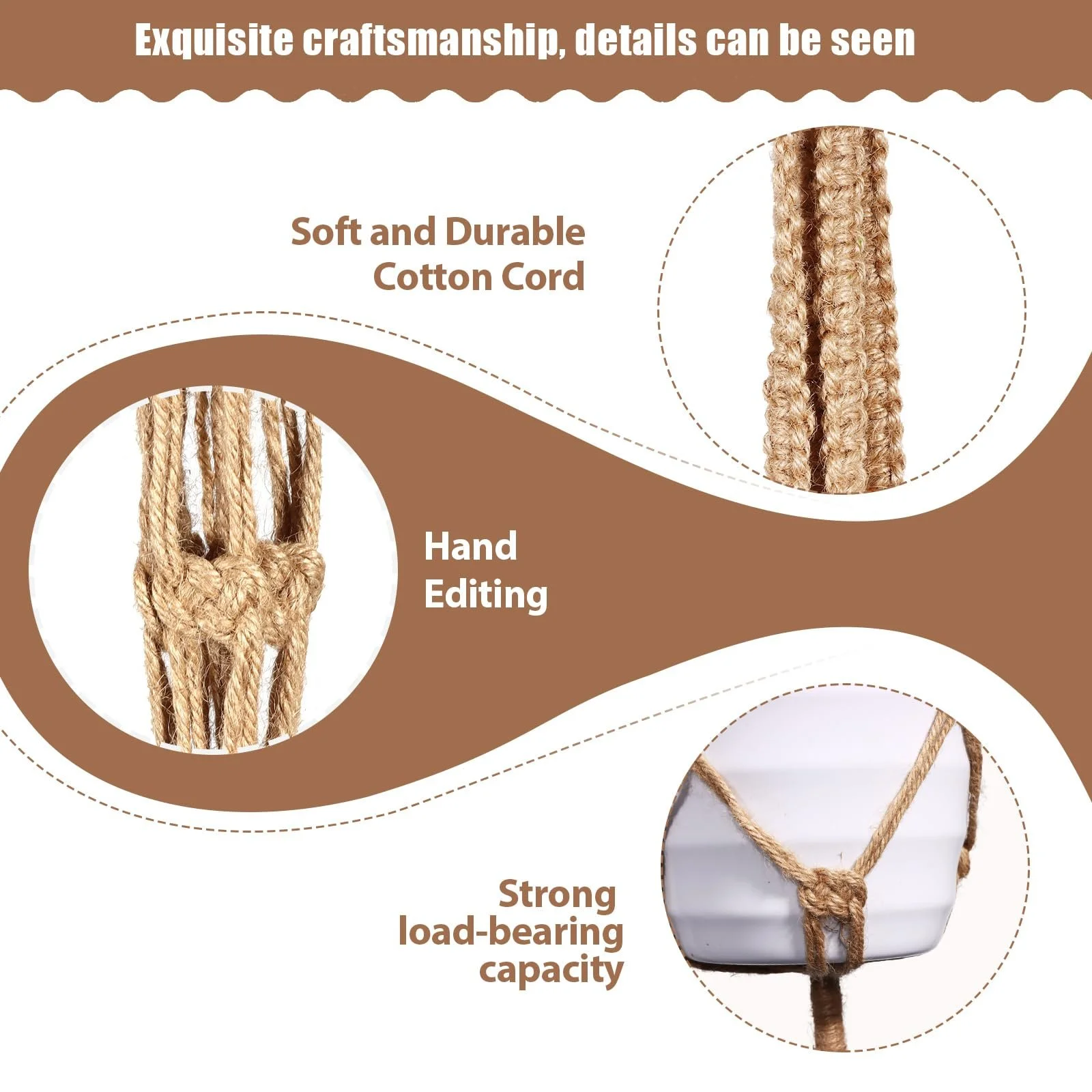 Підвісні кошики макраме Набір із 4 штук Бавовняна мотузка з гачками Коричневий, фото №4