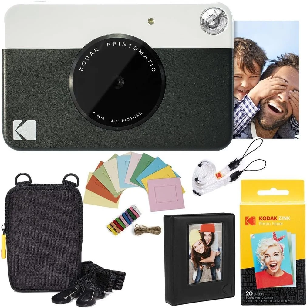 Фотокамера мгновенной печати Kodak Printomatic Deluxe Bundle + бумага Zink (20 листов) + чехол Deluxe + фотоальбом + подвесные рамки + удобный ремешок на шею Black, фото №1