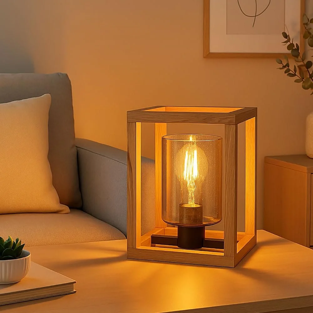 Настольная лампа GLOBO LIGHTING МДФ Стекло с пузырьками воздуха Квадратная Коричневая натуральная, фото №3