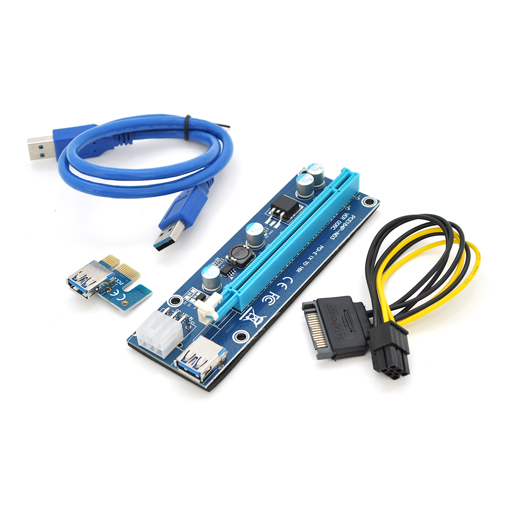 Riser PCI-EX x1=>x16, 6-pin, SATA=>6Pin, USB 3.0 AM-AM 0,6 м синій конденсатори 270 Пакет, фото №1