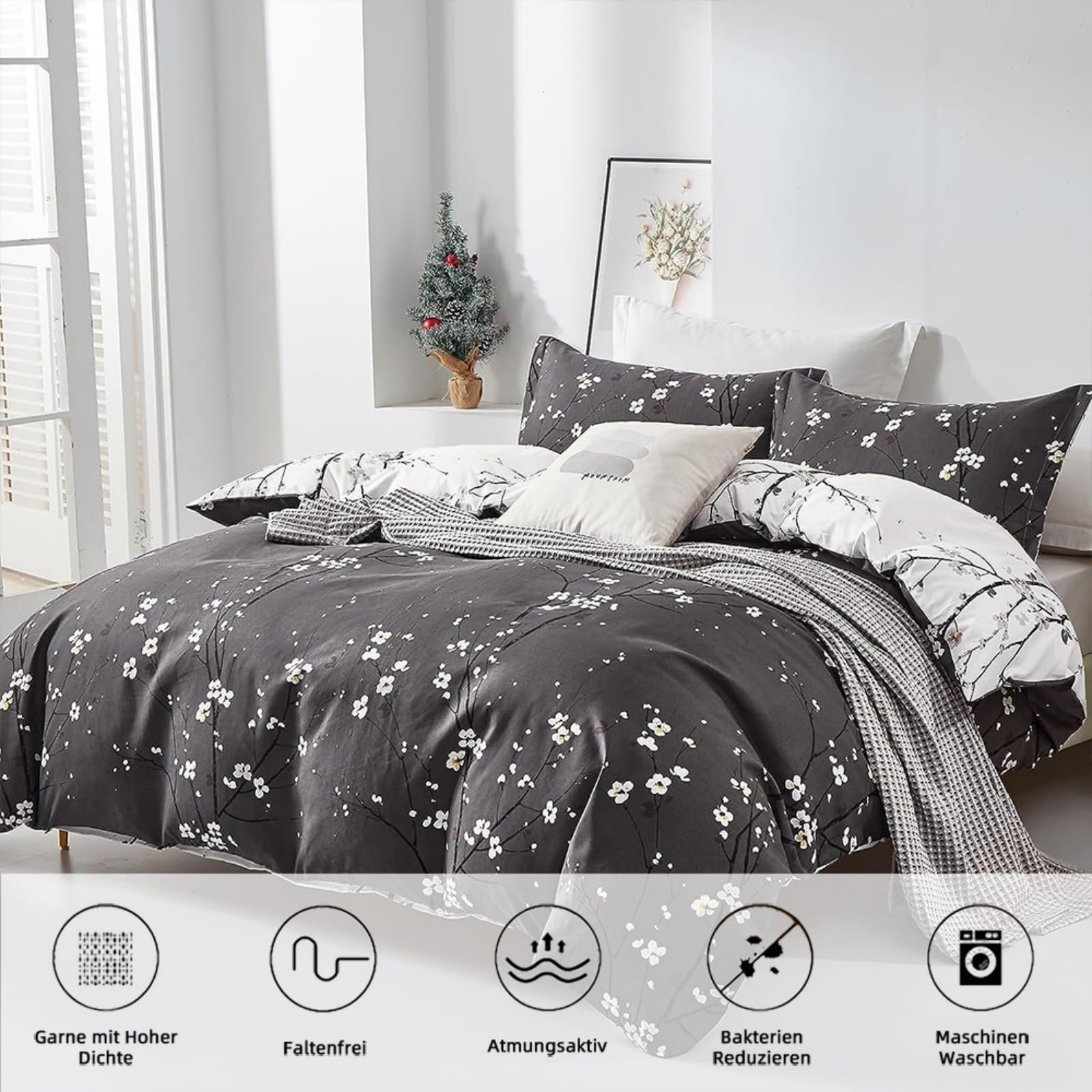 Постельное белье Freyamy Цветок 135 x 200 см, 2 предмета, серый, антрацит, сливовый цвет, ветка цветущей сливы, фото №2