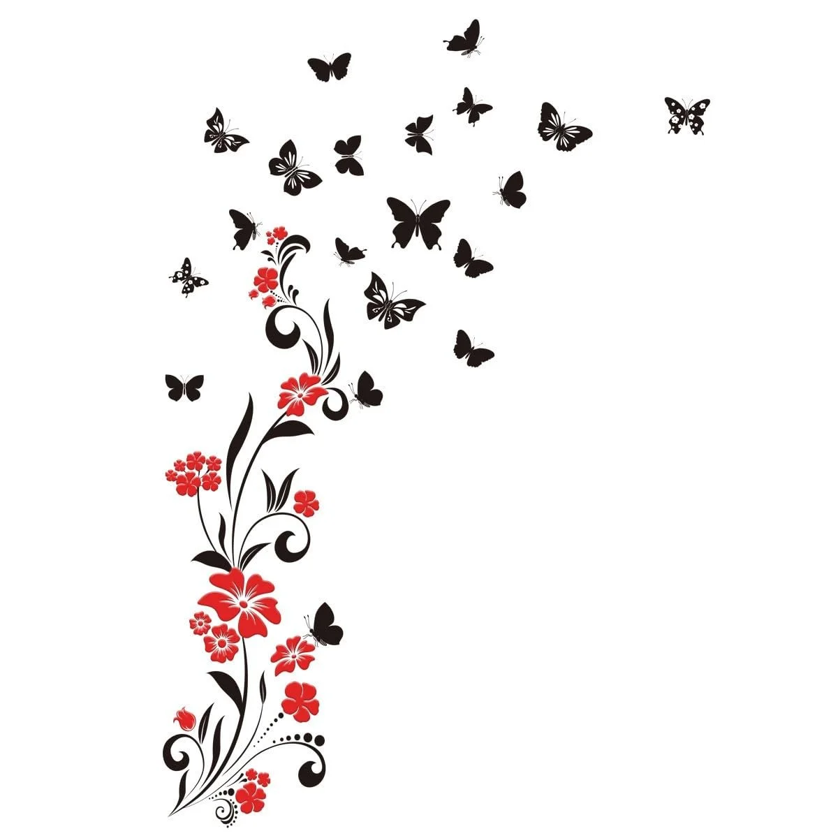 Наклейка на стену Цветы с бабочками Флористическая Черно-красная 118 x 80 см ПВХ, фото №6