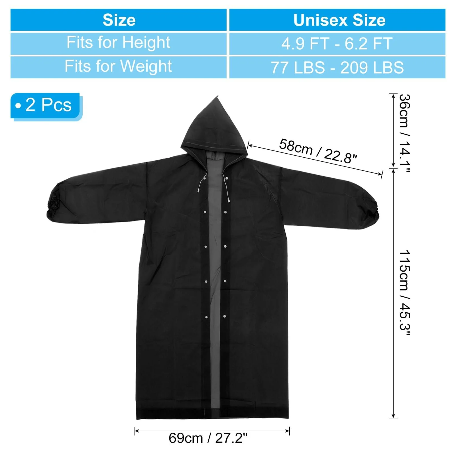 Пончо Patikil 2 шт. Легкий багаторазовий дощовик EVA для дорослих для їзди на велосипеді, піших прогулянок, активного відпочинку, чорний, фото №2