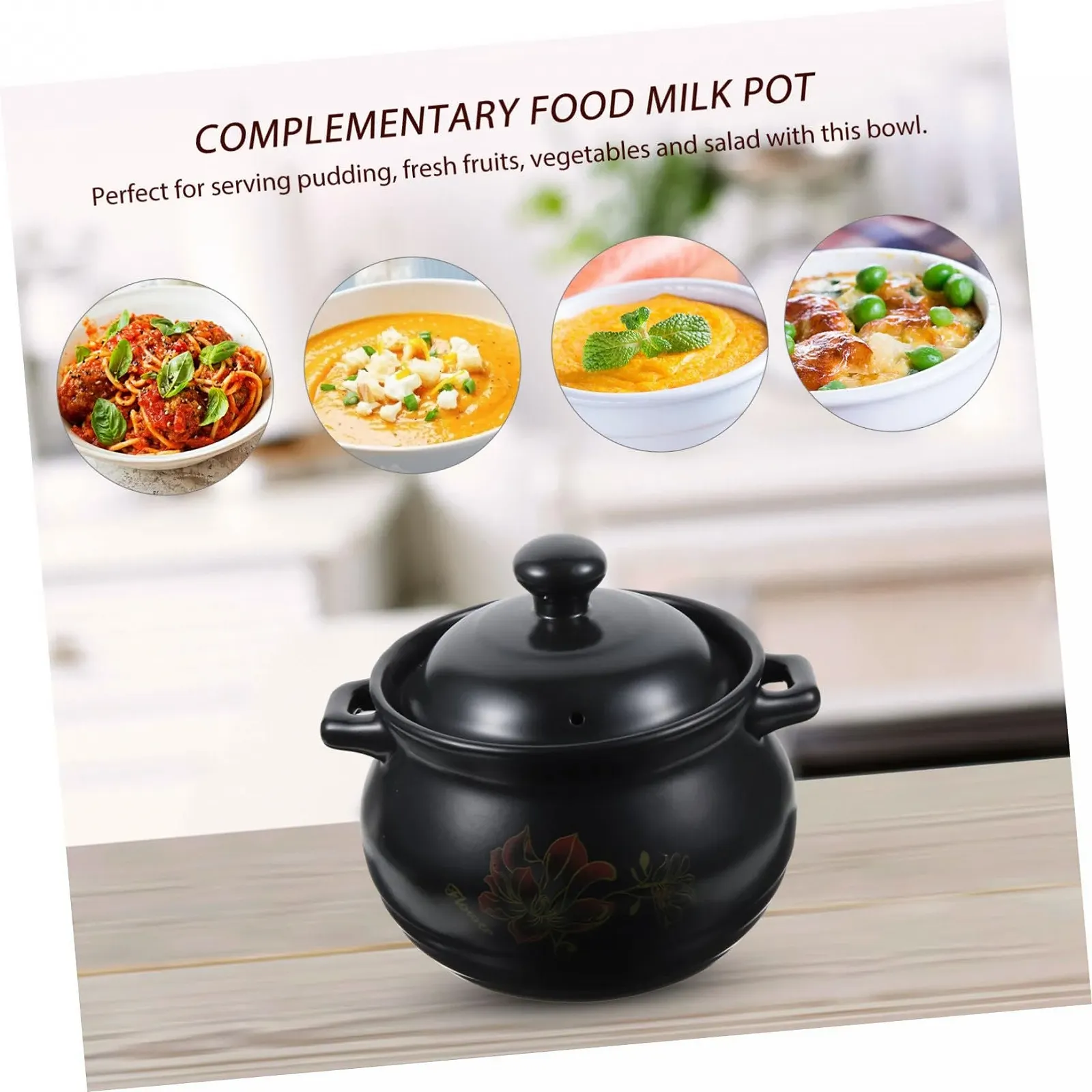 Каструля LIFKOME керамічна енергозберігаюча стійка до кислот та лугів з декоративним візерунком Чорна, фото №4