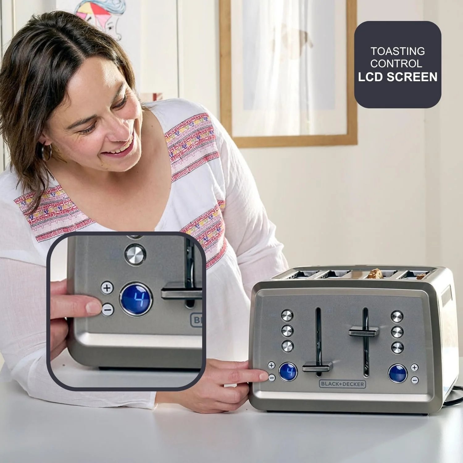 Тостер BLACK+DECKER BXTO1960E, 1960 Вт, цифрове налаштування підсмажування, 6 рівнів, 4 відділення, функції: стоп, розігрів та розморожування, автоматична система центрування, підігрівач хліба, фото №5 Тостер BLACK+DECKER BXTO1960E, 1960 Вт, цифрове налаштування підсмажування, 6 рівнів, 4 відділення, функції: стоп, розігрів та розморожування, автоматична система центрування, підігрівач хліба, фото №5