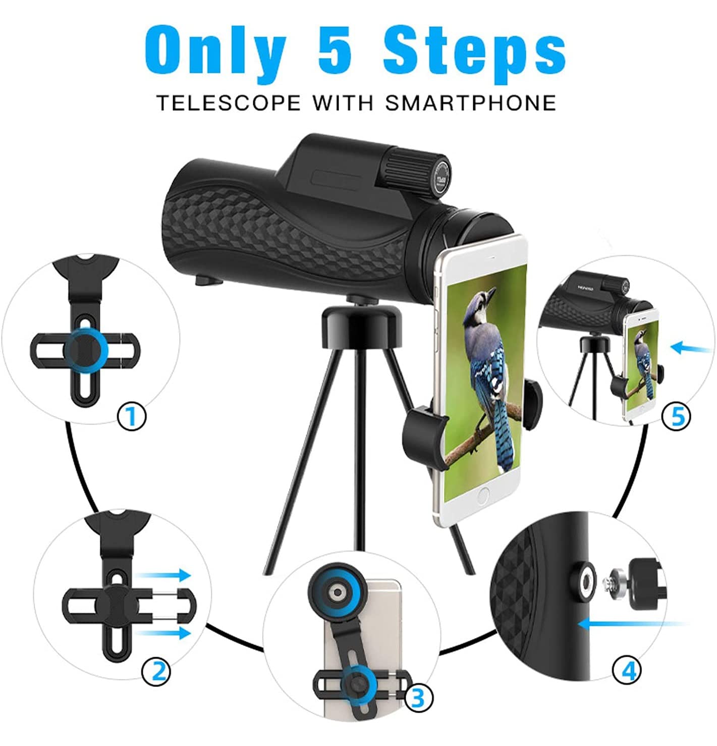 Монокуляр HZYDD Телеcкоп 10x42 Комфортабельний з адаптером для смартфона и штативом BAK4 Prism FMC-лінза безпечний для будь-яких погодних умов, фото №6