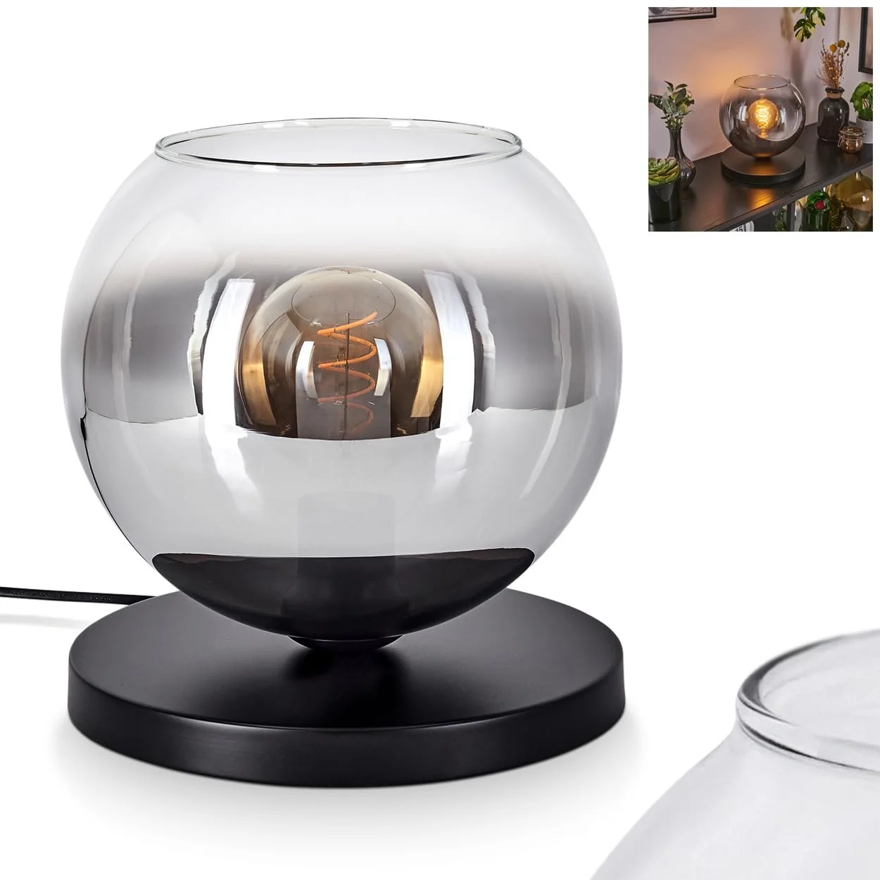 Настільна лампа Koyoto Метал/Скло 25 см E27 Чорний/Димчастий/Прозорий, фото №1