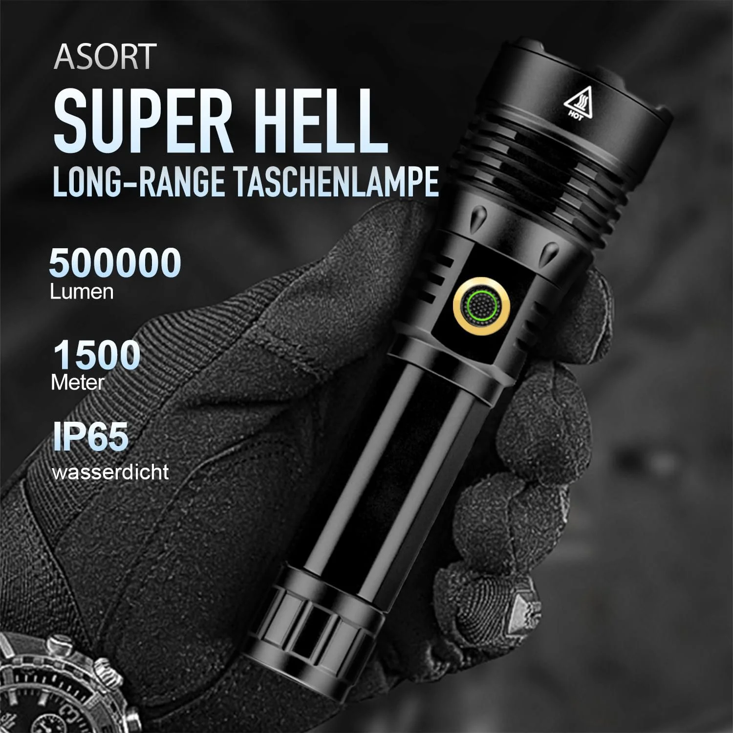 LED Ліхтар ASORT Надзвичайно яскравий 500 000 люмен, Супер яскравий Zoomable USB Перезаряджуваний Тактичний з 6 режимами освітлення, IP67 Водонепроникний з кобурою для кемпінгу, походів, активного відпочинку, надзвичайних ситуацій, фото №2